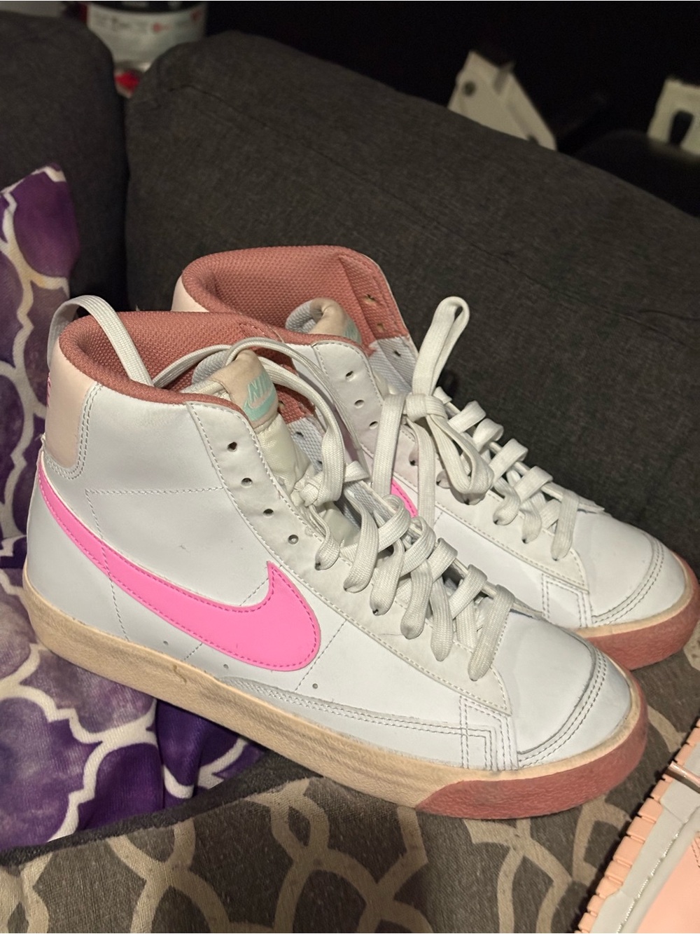 Nike Women’s White High-Top Sneakers with Pink Swoosh and Blush Accents